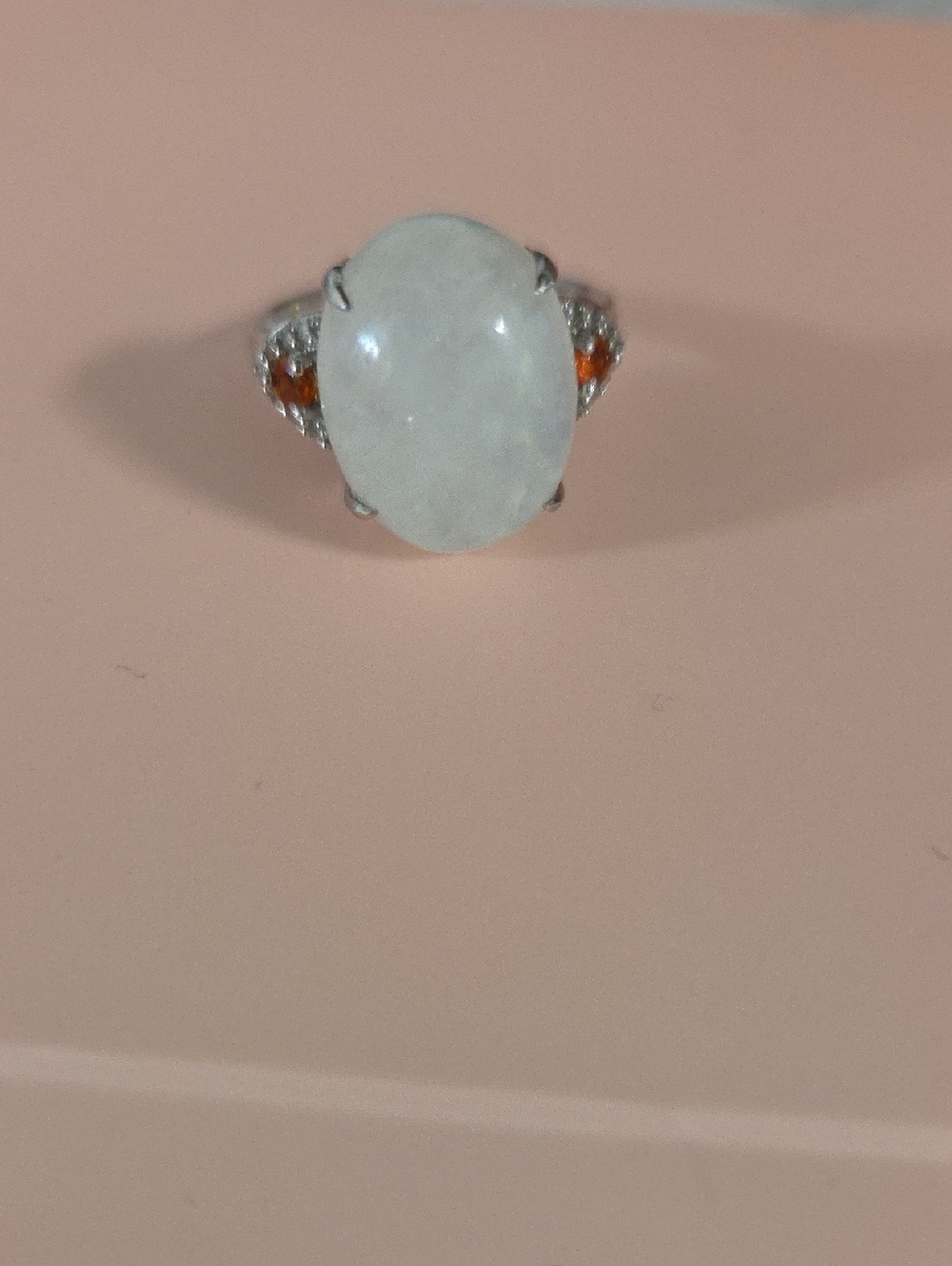 925 Moonstone White Jade Oval Cocktail Ring with Orange Accent Stones